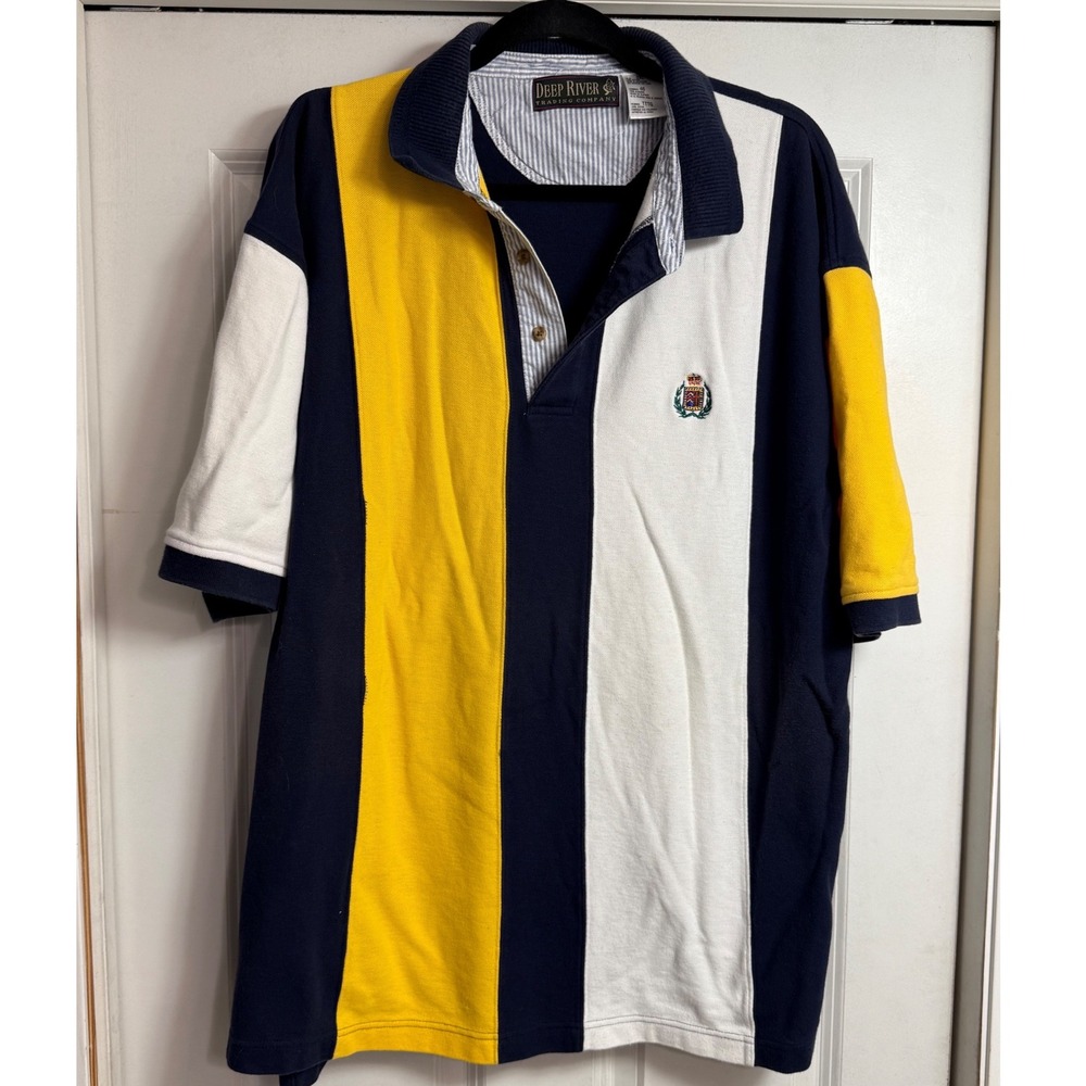 Deep River Trading Co Mens 2XL Polo Shirt Colorblock Navy Yellow White Crest 90s